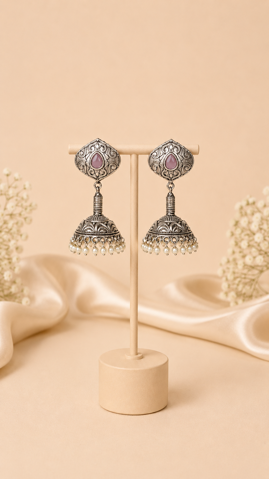 Noorika Pink Stone Jhumkas