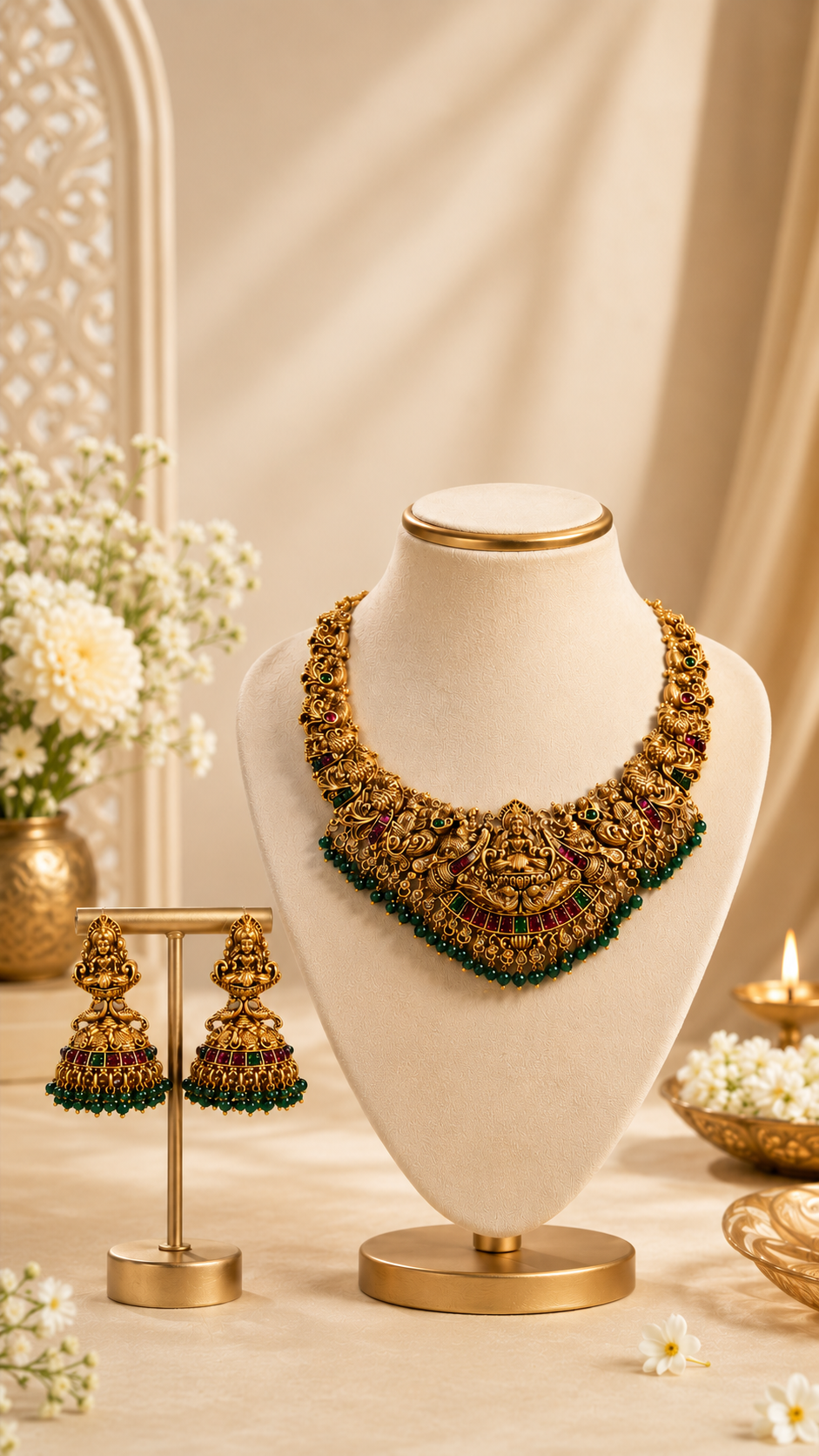 Sri Lakshmi Varnika Heritage Necklace Set - Emerald Accents