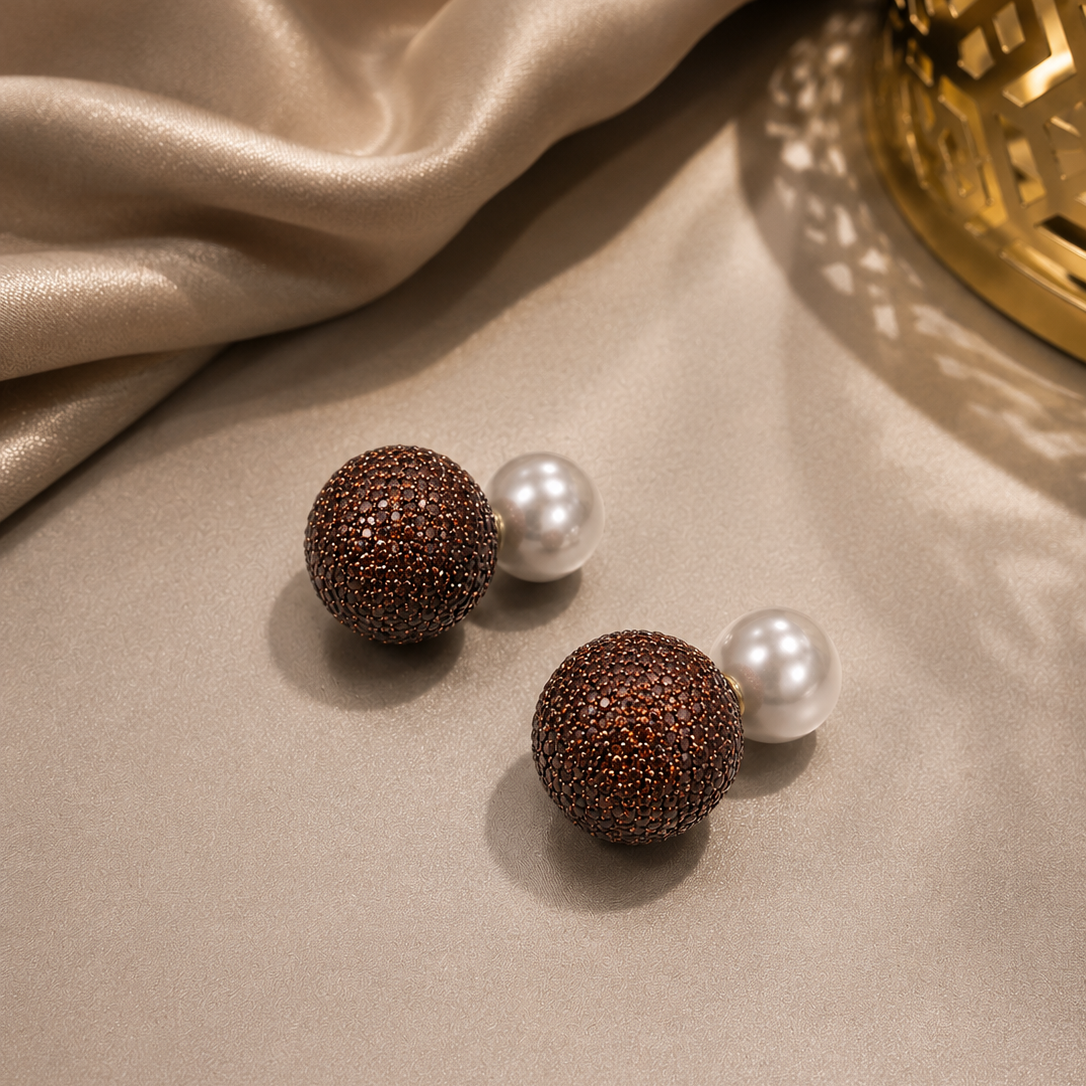 Dual Glam Deep Mocha Bronze Reversible Pearl Statement Earrings
