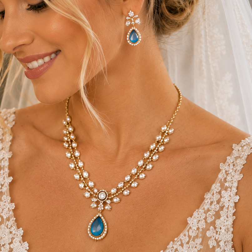 Celeste Blue Moissanite And Polki Necklace Set