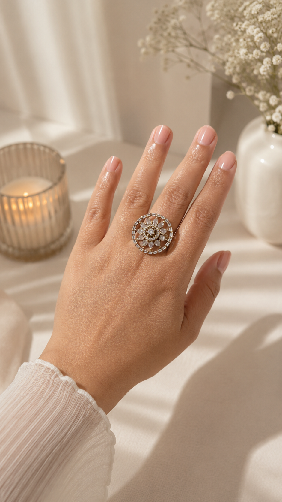 Rosette Halo Statement Ring - White
