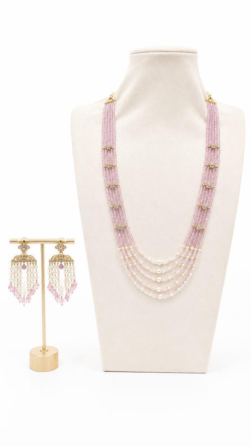 Blush Rose Pink Multi-Strand Beaded & Pearl Necklace Set