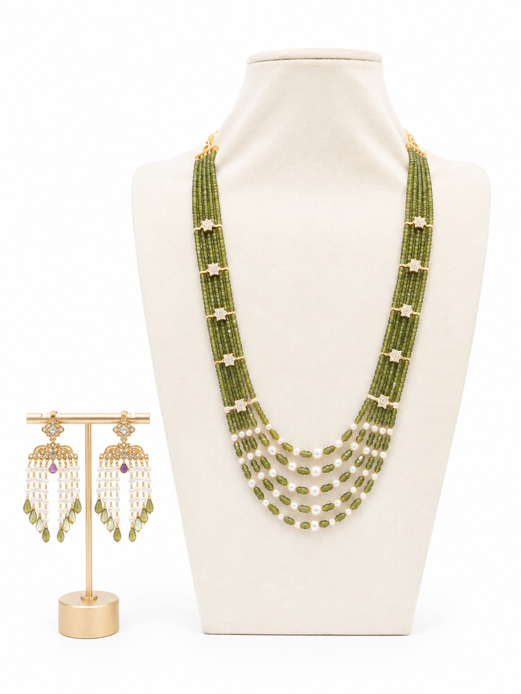 Olive Green Multi-Strand Beaded & Pearl Necklace Set