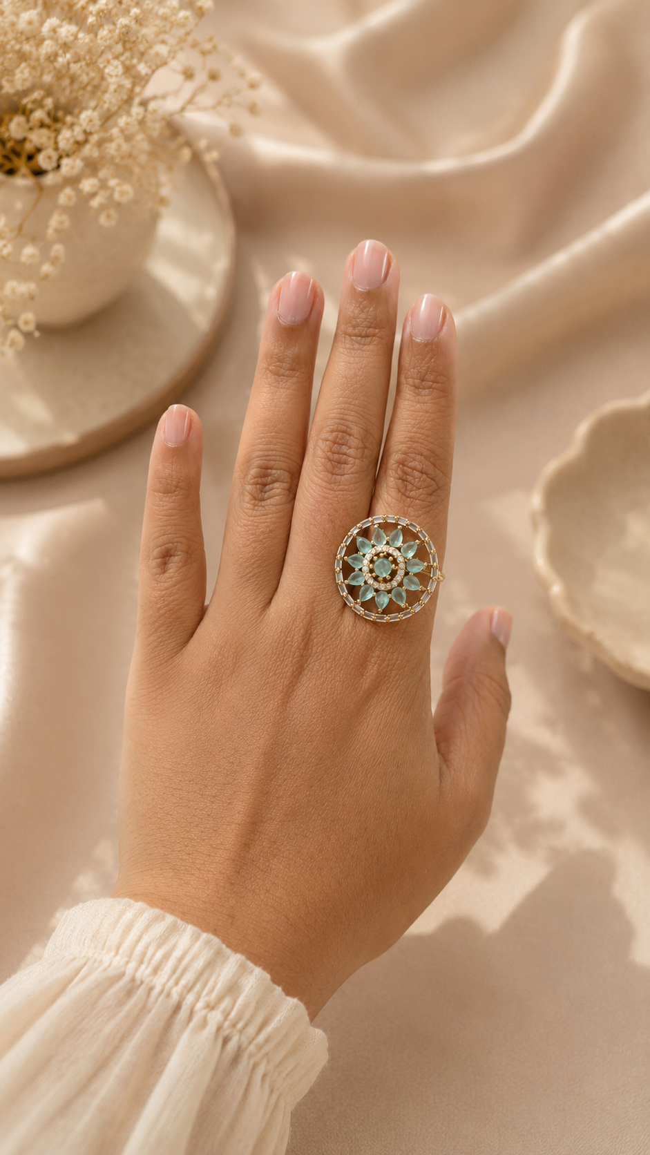 Rosette Halo Statement Ring - Mint Green