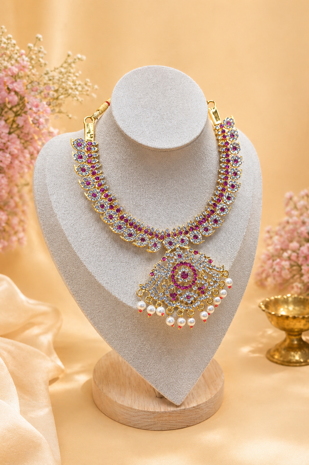 White And Pink Bharatnatyam Dance Jewellery Set