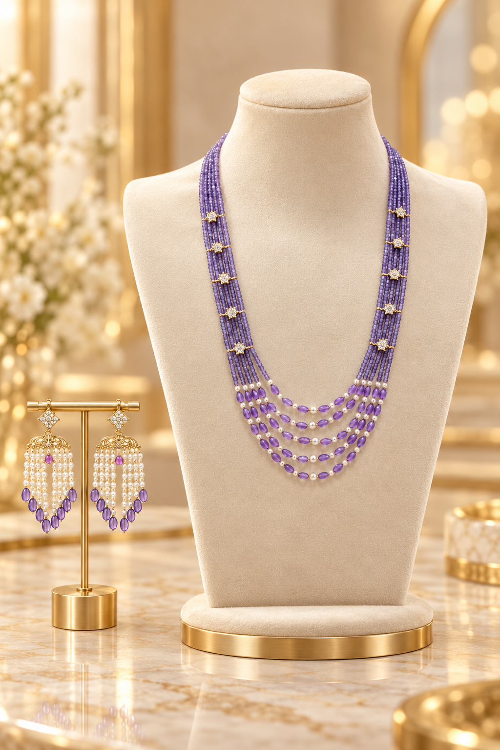 Lavender Multi-Strand Beaded & Pearl Necklace Set