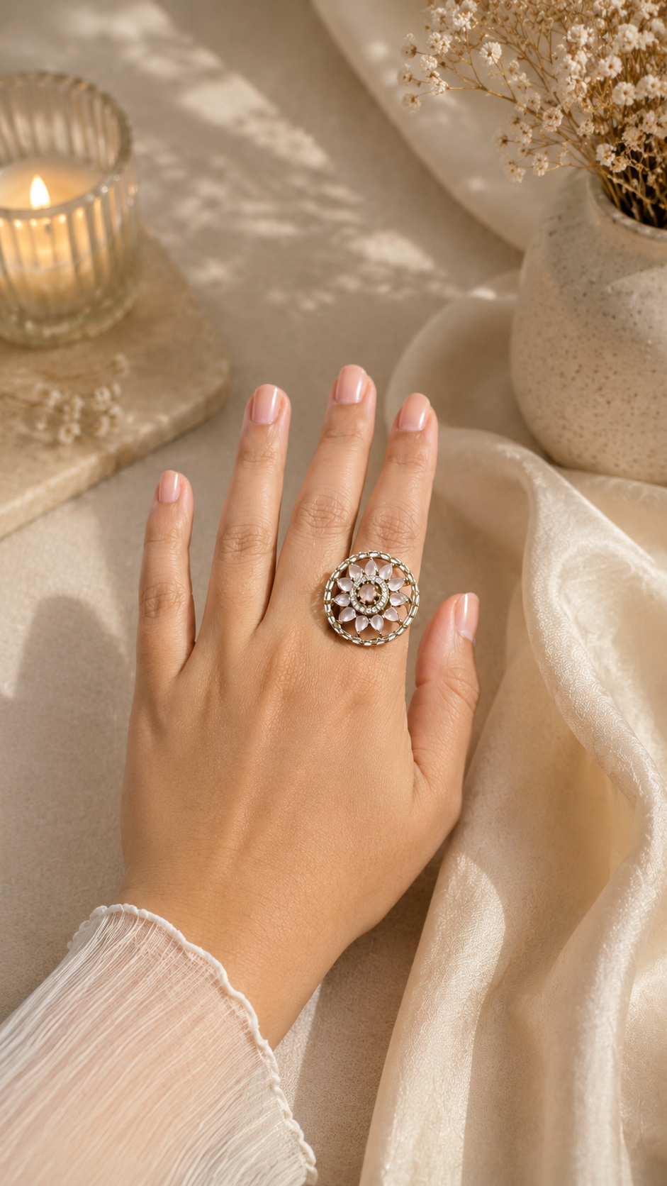 Rosette Halo Statement Ring - Blush Pink