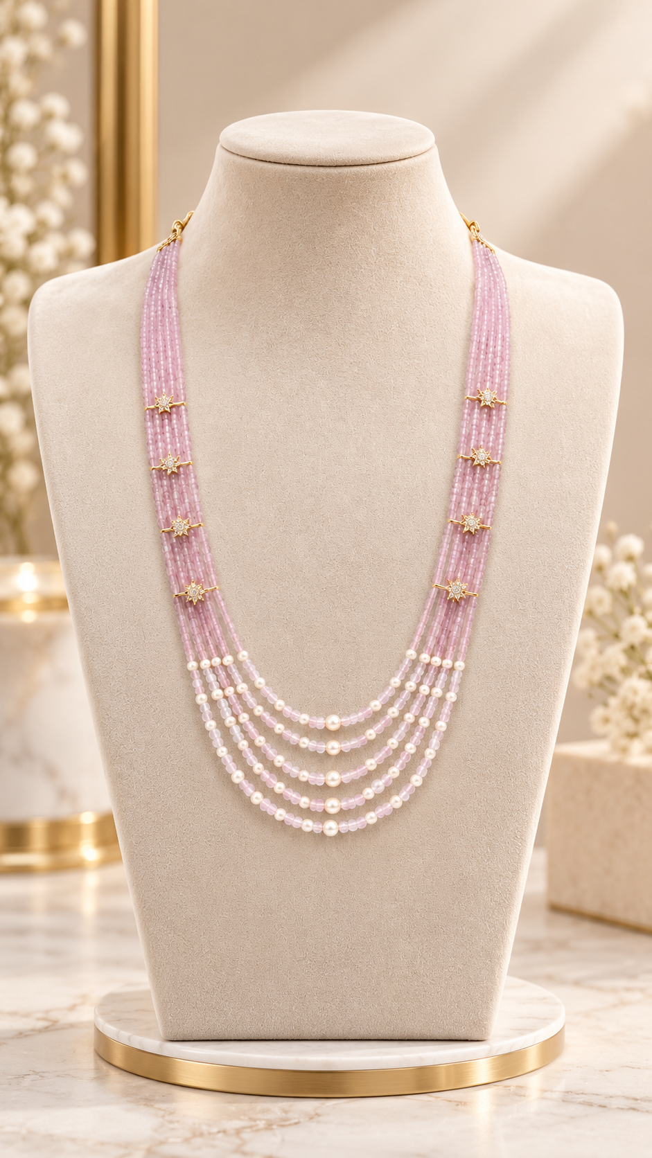 Blush Rose Pink Multi-Strand Beaded & Pearl Necklace