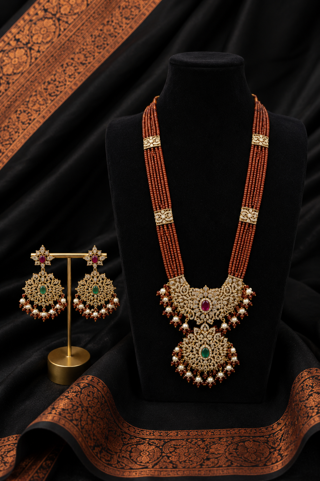 Burnt Orange Royal Multi-Strand Beaded Statement Necklace Set