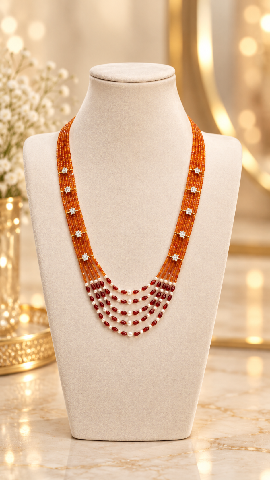 Warm Burnt Orange Multi-Strand Beaded & Pearl Necklace