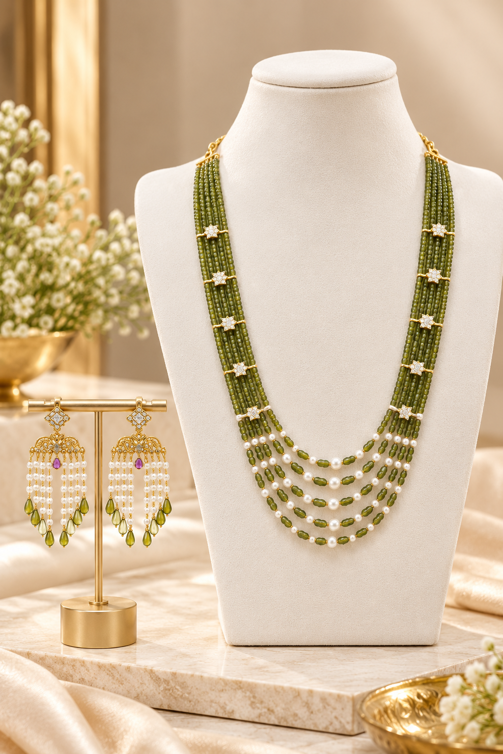 Olive Green Multi-Strand Beaded & Pearl Necklace Set
