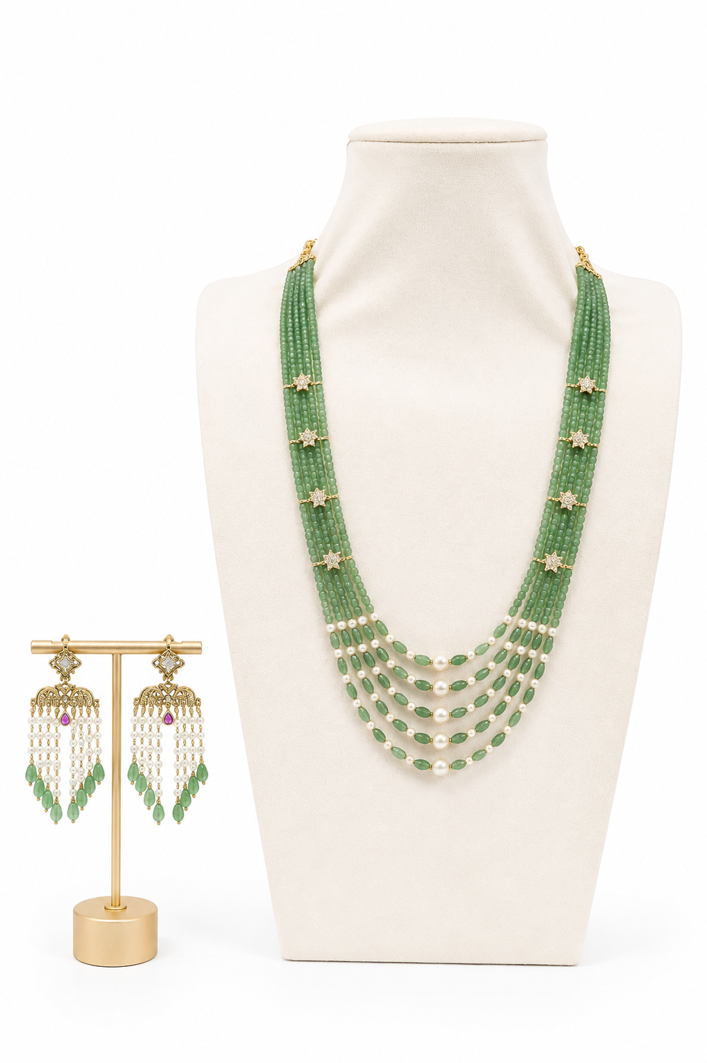Jade Green Multi-Strand Beaded & Pearl Necklace Set