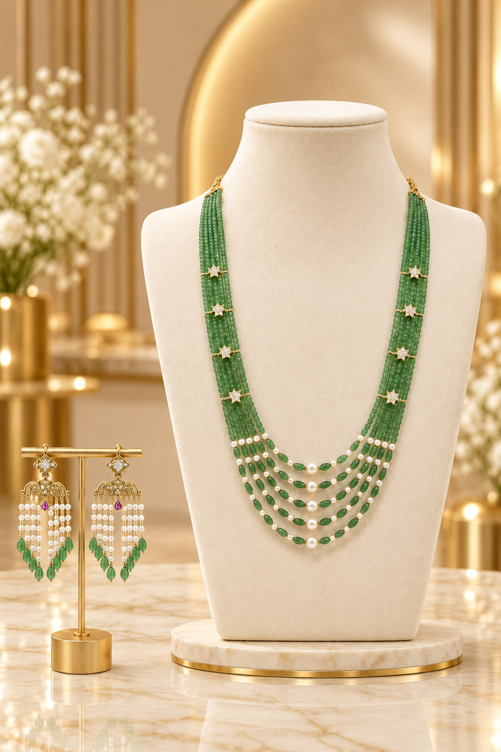 Jade Green Multi-Strand Beaded & Pearl Necklace Set