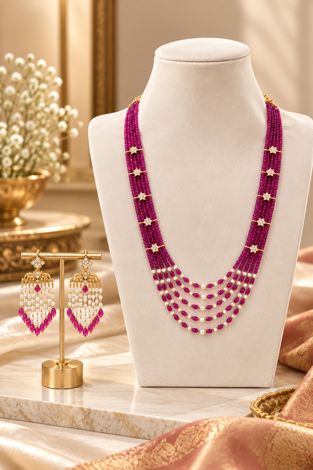Magenta Pink Multi-Strand Beaded & Pearl Necklace Set