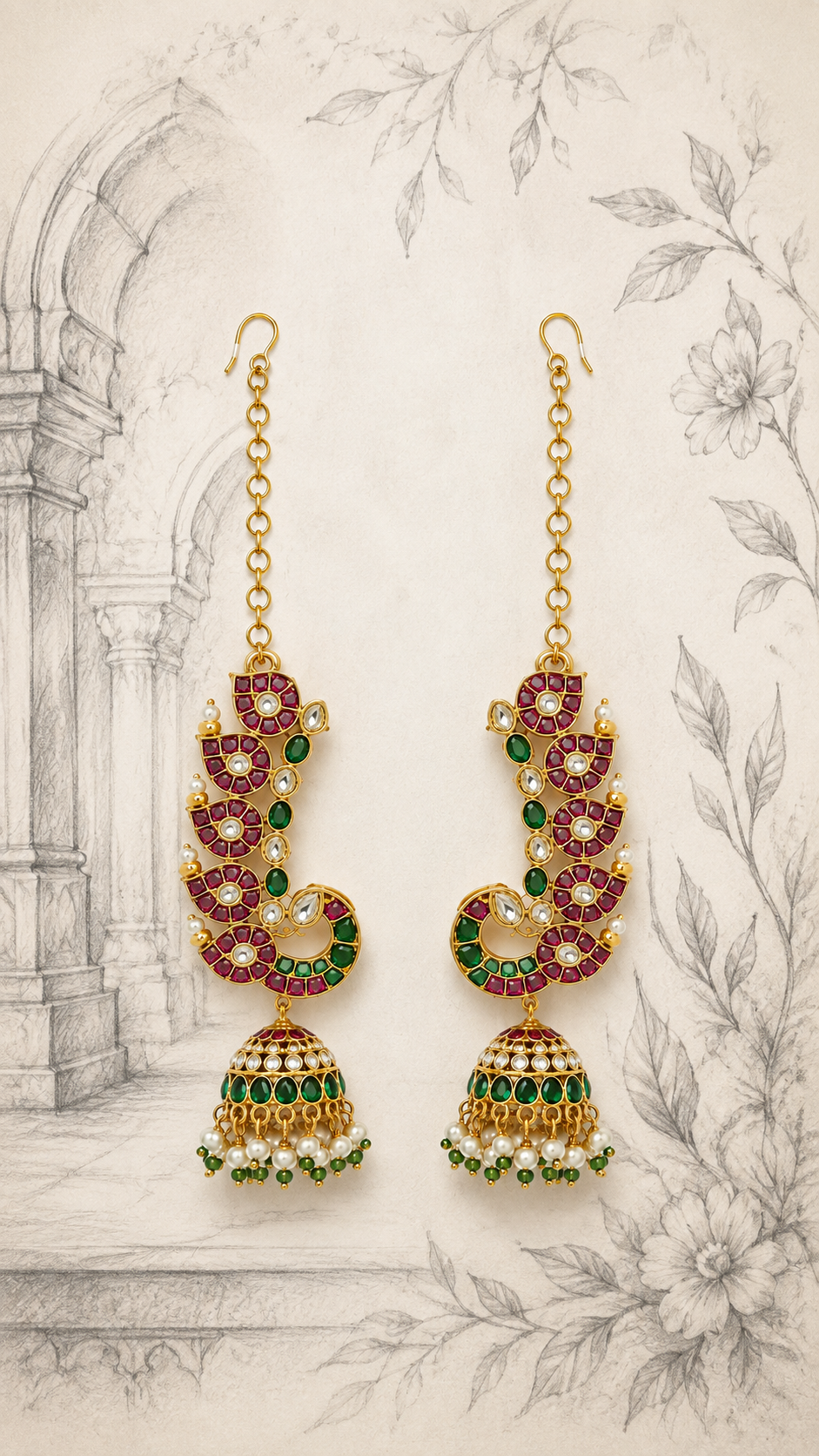 Mayurangana Ear Chain Jhumkas