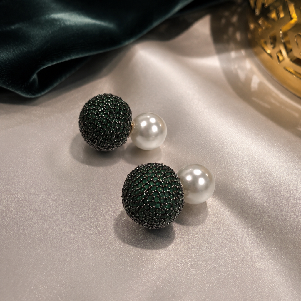 Dual Glam Rich Emerald Green Reversible Pearl Statement Earrings