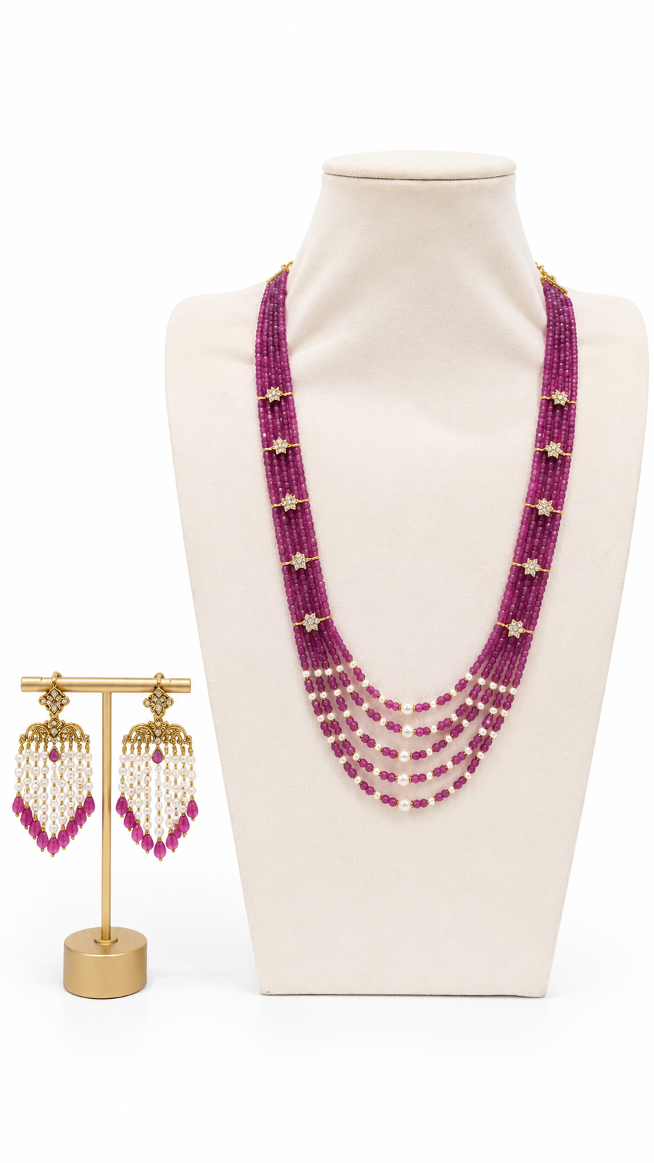 Magenta Pink Multi-Strand Beaded & Pearl Necklace Set