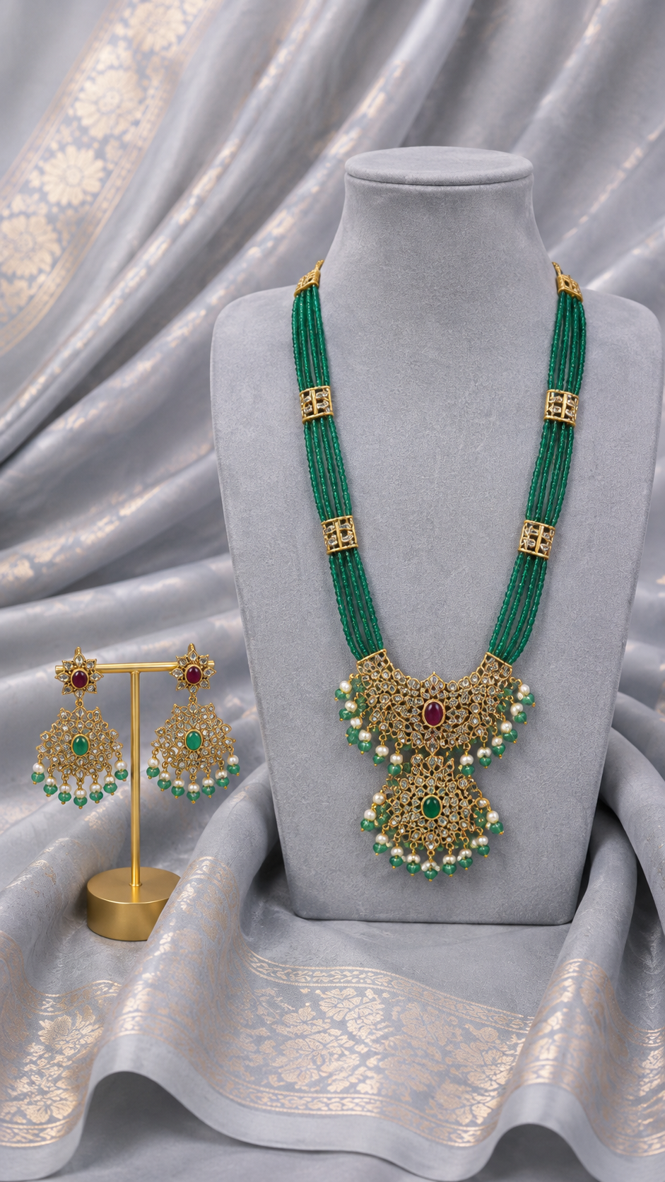 Emerald Green Royal Multi-Strand Beaded Statement Necklace Set