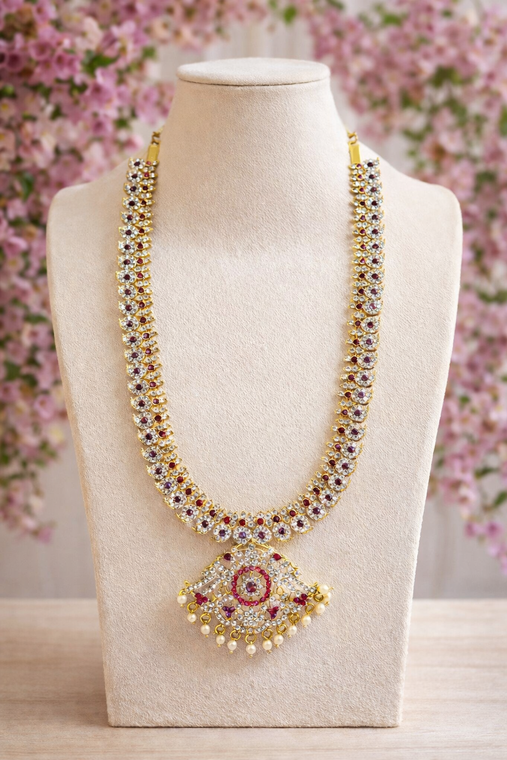 White And Pink Bharatnatyam Dance Jewellery Set