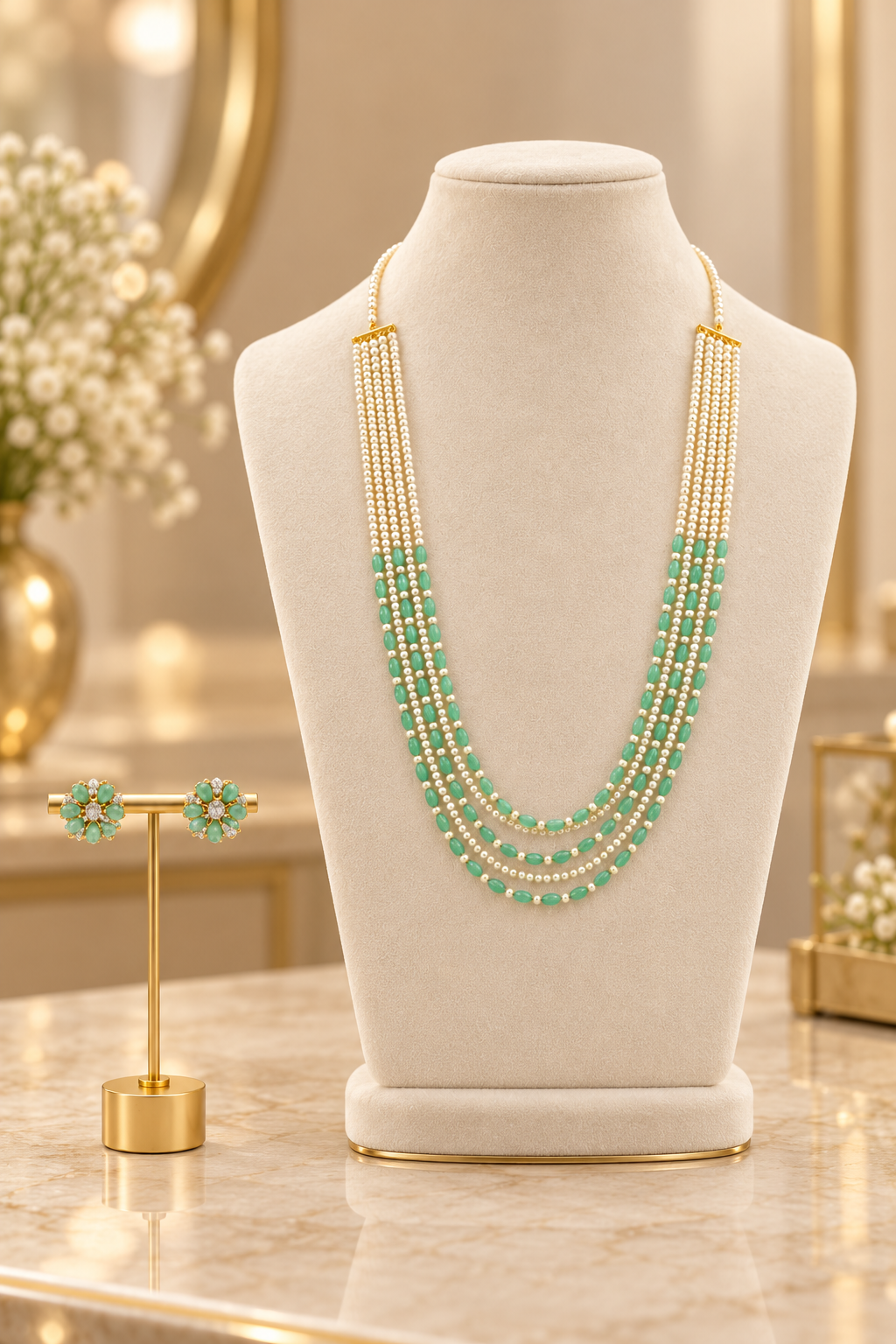 Aaravi Mint Pearl Layered Necklace Set
