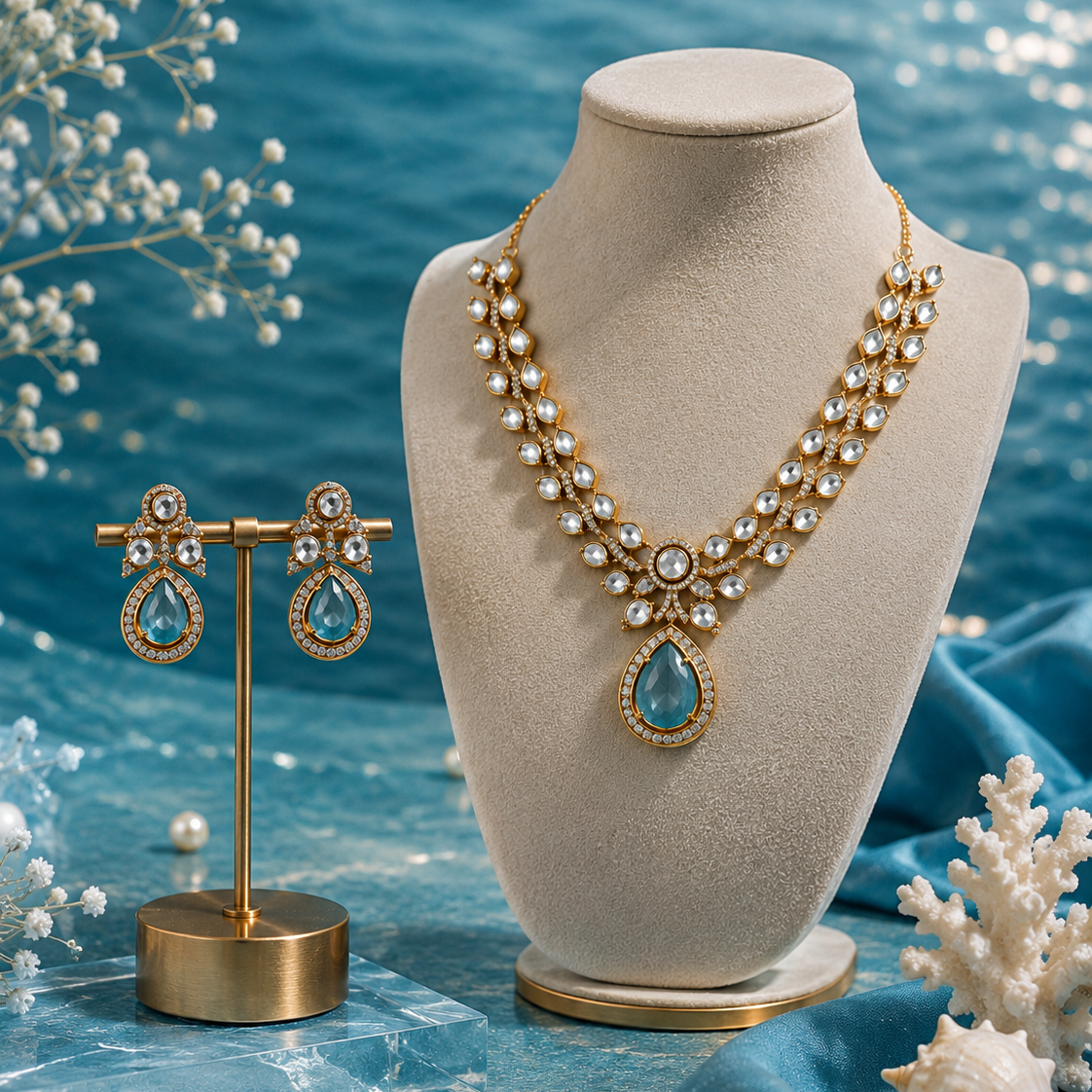 Celeste Blue Moissanite And Polki Necklace Set