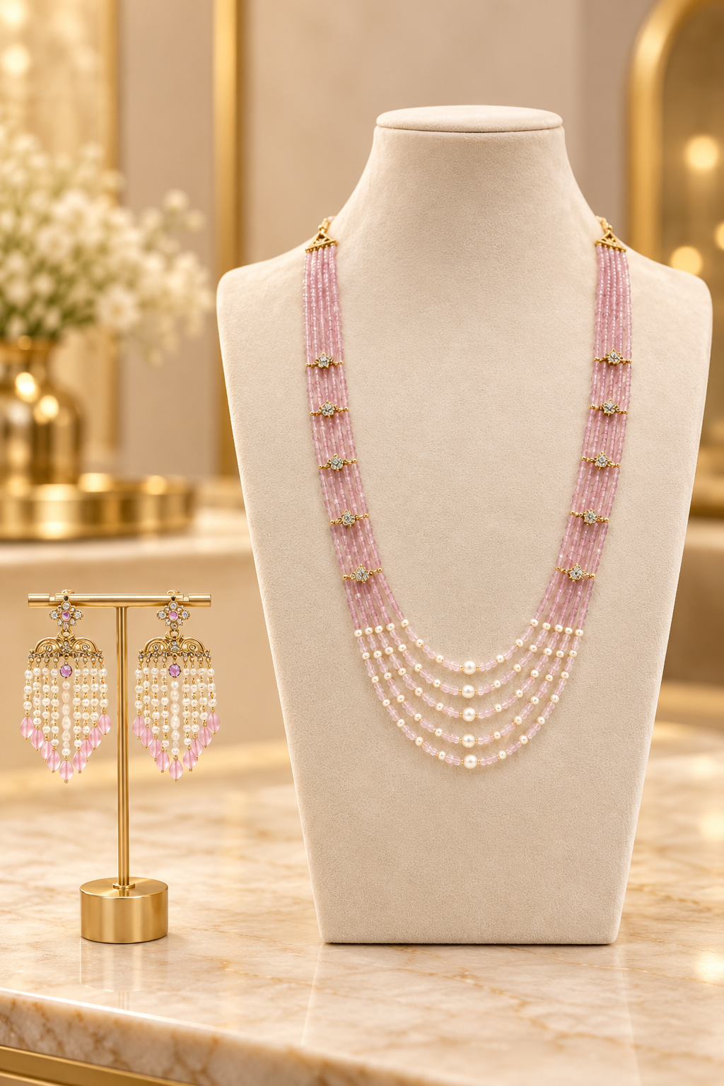 Blush Rose Pink Multi-Strand Beaded & Pearl Necklace Set